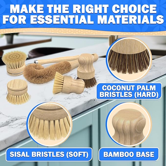 5 Pcs Bamboo Dish Brush Set – Bamboo Dish Scrubber - Image 5