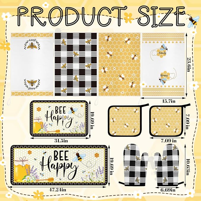 Fourluoo 10 Pcs Bee Kitchen Decor Set Honey Bee Dish Towels Rugs Oven Mitts and - Image 3