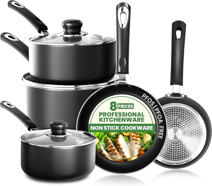 KICHLY 8 Piece Pots and Pans Set, Non Stick Kitchen Cookware Set by KICHLY