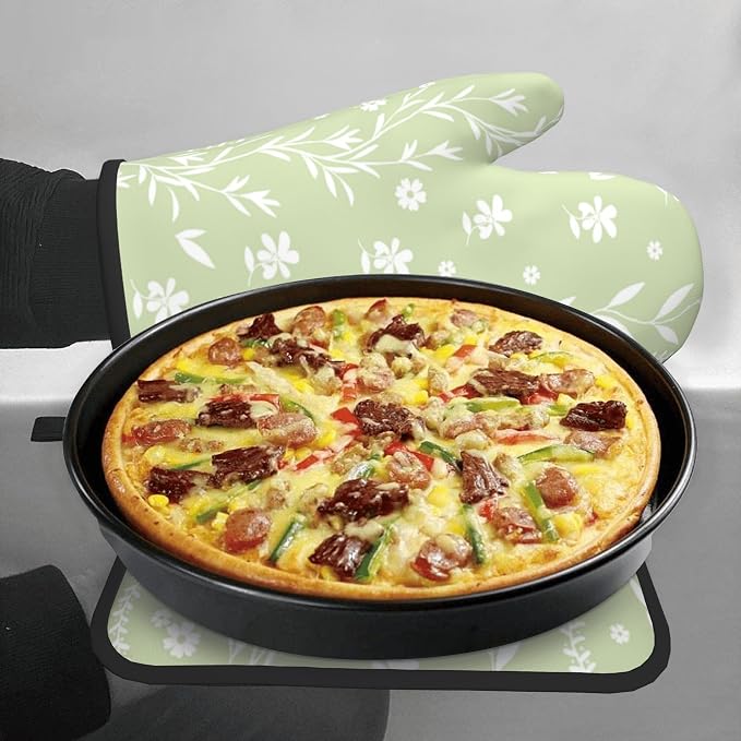 Sage Green Oven Mitt Pot Holder Set Floral BBQ Cooking Gloves Farmhouse - Image 7