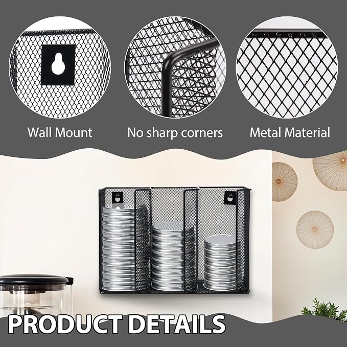 Wall Mounted Mason Jar Lid Organizer Metal Mason Jar Lid Holder 3-Compartment - Image 3