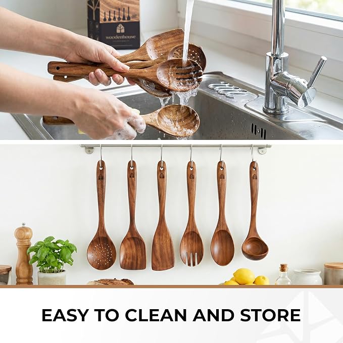 Wooden Spoons for Cooking – 6 Pcs Premium Teak Wooden Utensil Set - Image 8