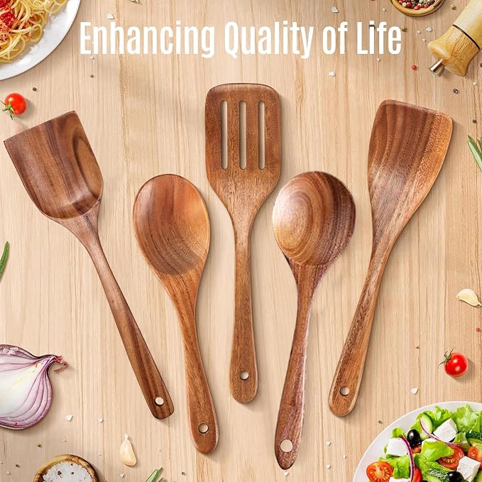 5 PCs Teak Wooden Utensil Set - Image 7