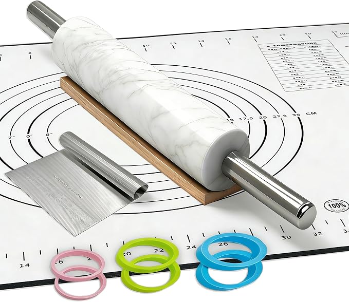 White Marble Rolling Pin with Stainless Steel Handles Baking Set by Unknown