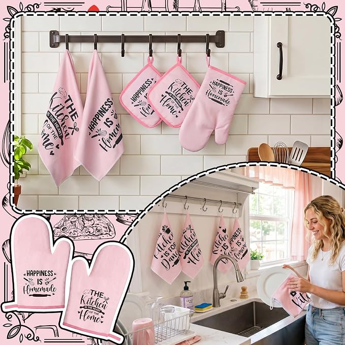 Bencailor 12 Pcs Farmhouse Kitchen Decorations Sets 8 Pink Black Kitchen Dish - Image 4