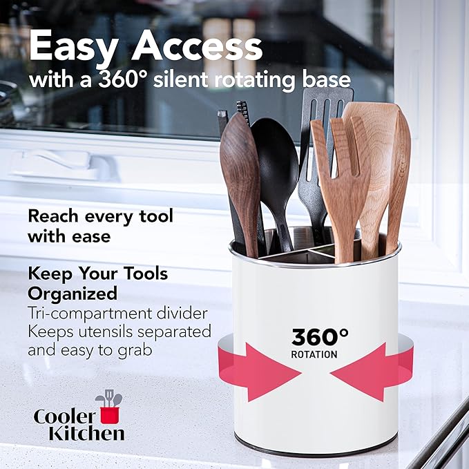 Cooler Kitchen White Rotating Extra Large Stainless Steel Utensil Holder Caddy - Image 2