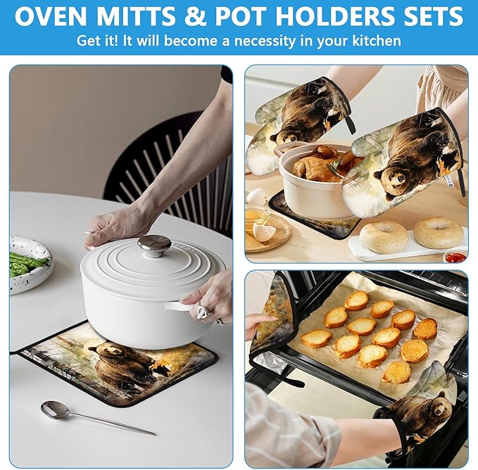 Watercolor Brown Bear Oven Mitts and Pot Holders Sets Heat Resistant 4Pcs - Image 6
