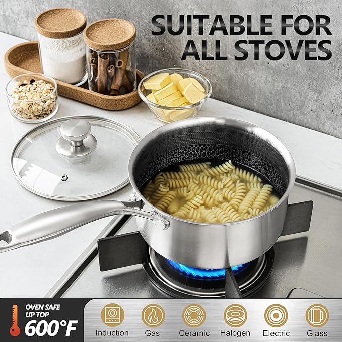 MICHELANGELO Stainless Steel Saucepan Set 1QT & 2QT, Premium Triple Ply Sauce - Image 3
