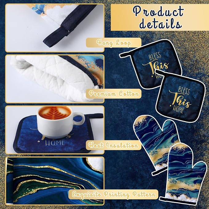 Bencailor 6 Pcs Marble Kitchen Decor Gold Pot Holders Oven Mitts 2 Dish Towels - Image 5