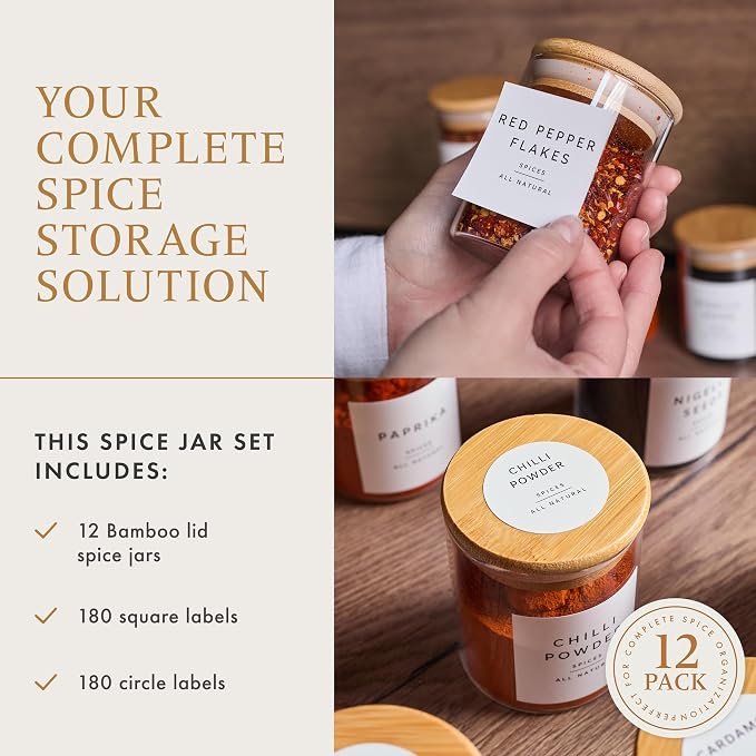 Glass Spice Jars with Labels-12 Pack- 6.8oz- 360 Labels- Spice Containers with - Image 2