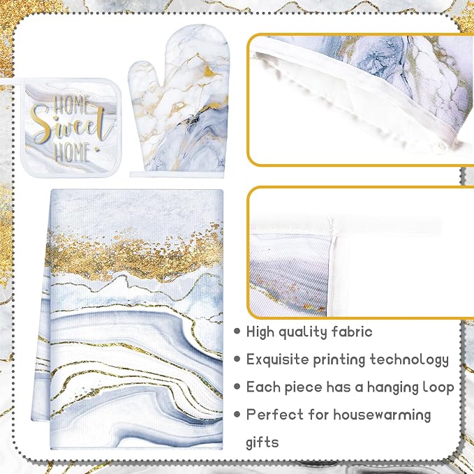 Leinuosen 8 Pcs White Marble Kitchen Decor Dish Towels and Oven Mitts Sets Pot - Image 5