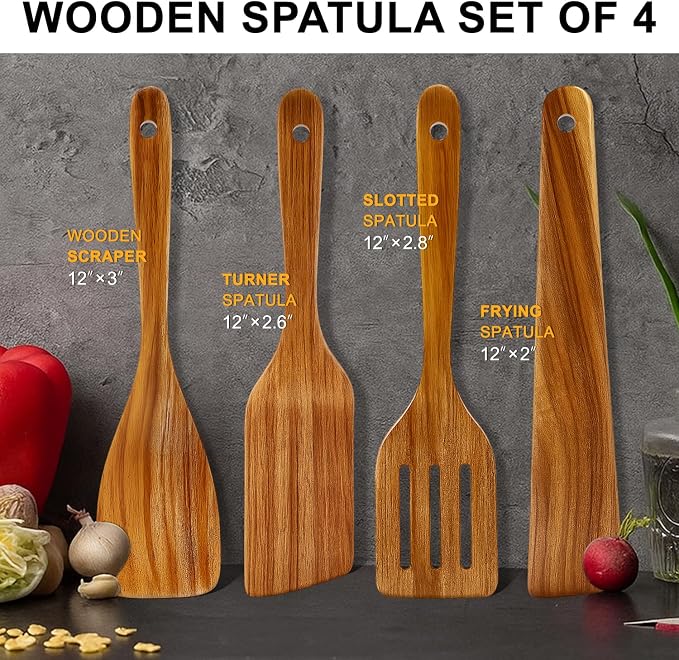 Best Acacia Wood Spatula for Cooking Non Toxic Wooden Kitchen Utensil Set Flat - Image 4