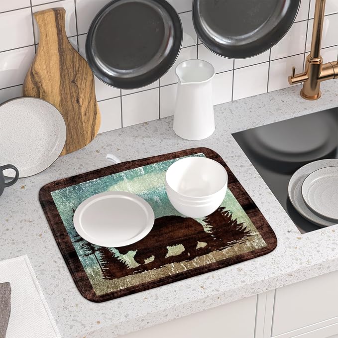 Giwawa Retro Brown Bear Forest Cabin Dish Drying Mat Countertop 16x18 Fall Blue - Image 6