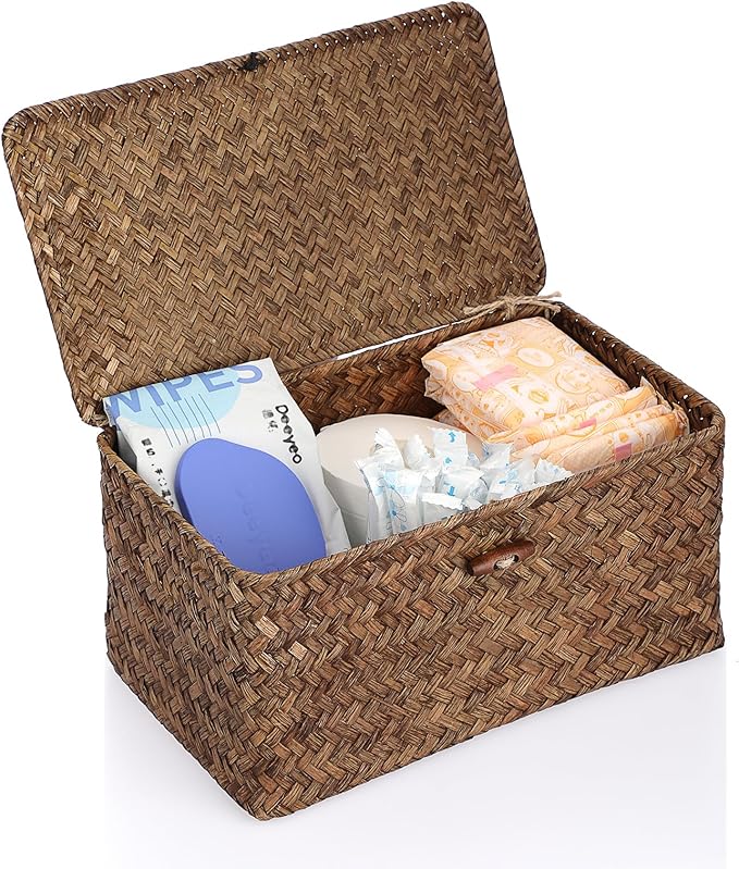 Sumnacon Wicker Basket with Lid Rectangle Woven Baskets by Sumnacon