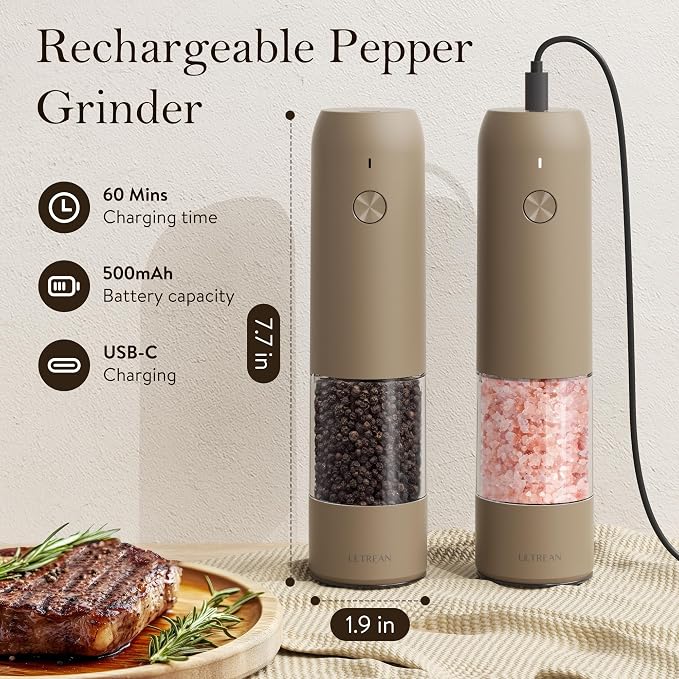 Ultrean Pepper Grinder, Rechargeable Salt and Pepper Grinder Set - Image 4
