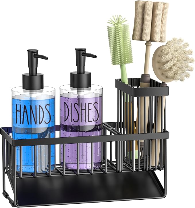 MASADI Kitchen Sink Caddy with Dish Soap Dispenser Set, 12OZ Glass Bottle - Image 8