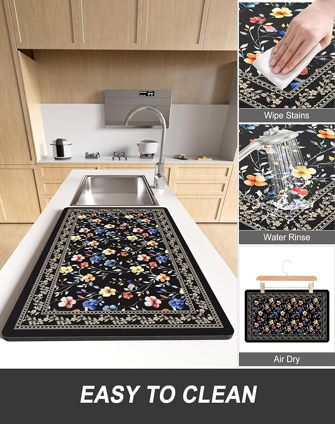 Rnivvi Dish Drying Mat for Kitchen Counter, 12 x 19" Cute Flower Theme Super - Image 6