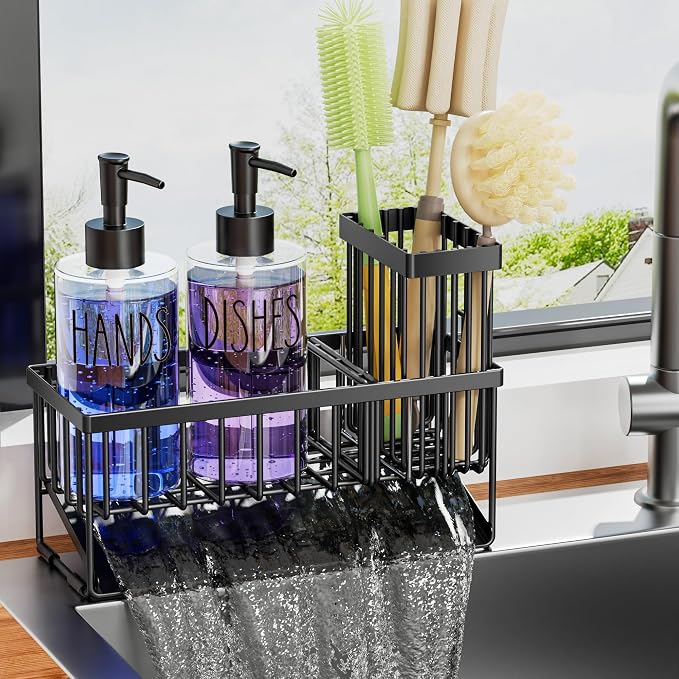 MASADI Kitchen Sink Caddy with Dish Soap Dispenser Set, 12OZ Glass Bottle - Image 6