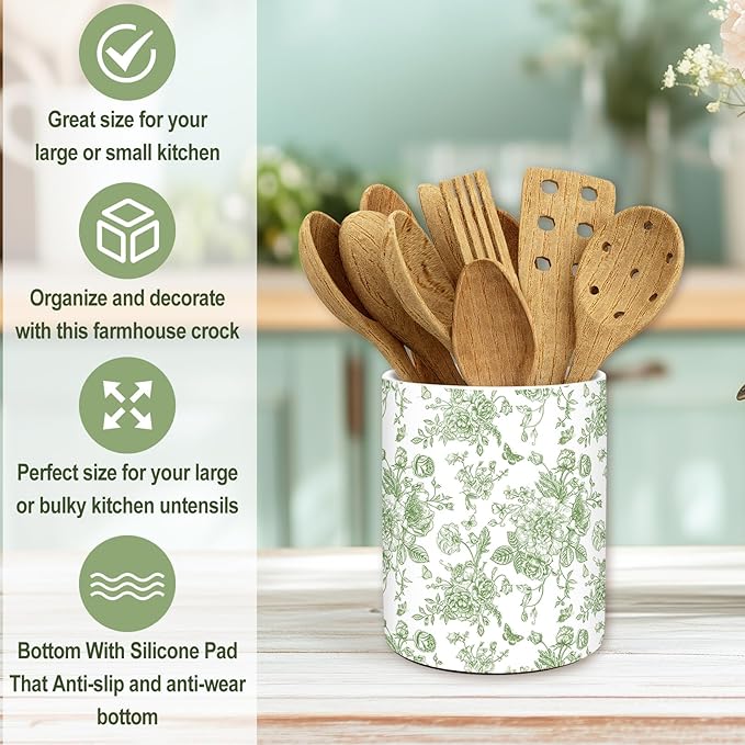 JarThenaAMCS Green Floral Ceramic Utensil Holder Vintage Flower Butterfly - Image 5