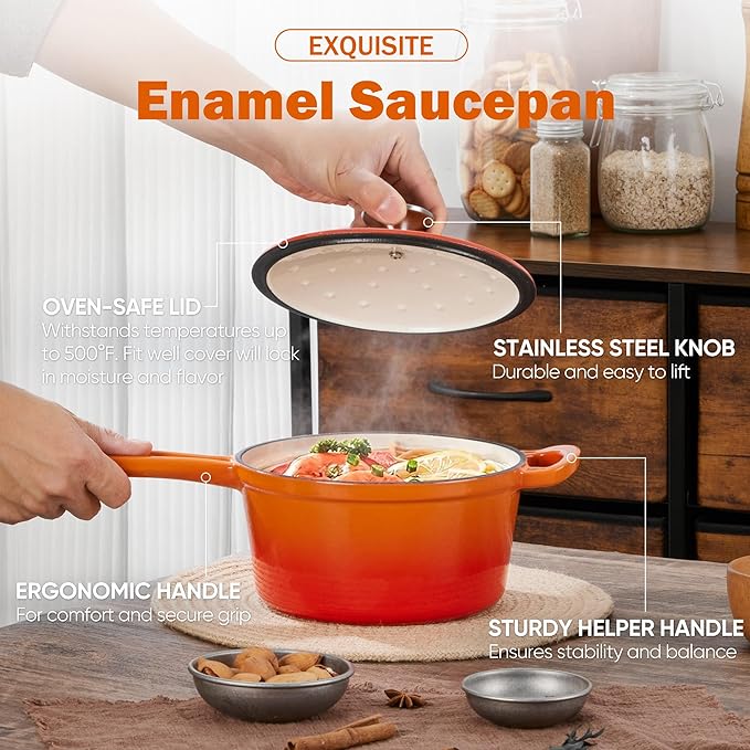 Homikit Small Cast Iron Pot, 1 QT Enameled Cast Iron Sauce Pan - Image 3