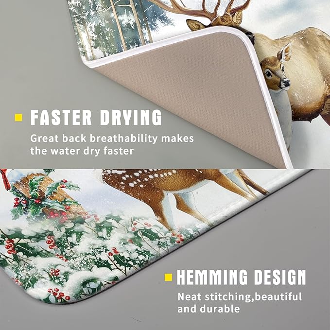 Giwawa Winter Deer Dish Drying Mat 16"x18" Xmas Tree Bird Holly Berry Dish - Image 3