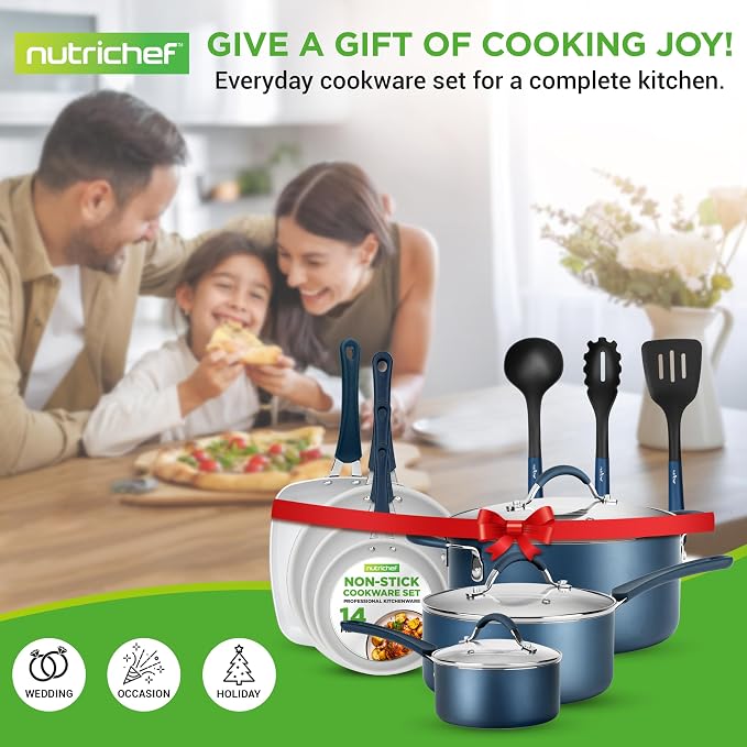 NutriChef 14-Piece Navy Blue Nonstick Cookware Set - Image 7