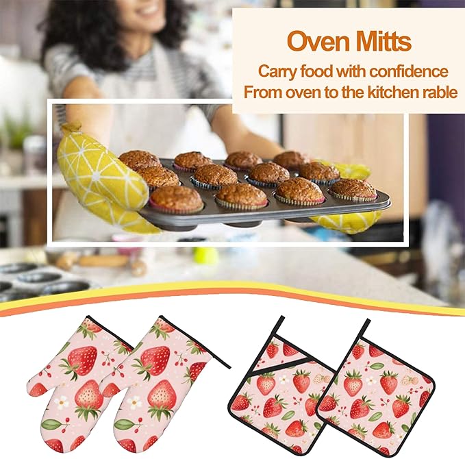 Strawberry Daisy Pattern Oven Gloves and Hot Pads Set - Image 7
