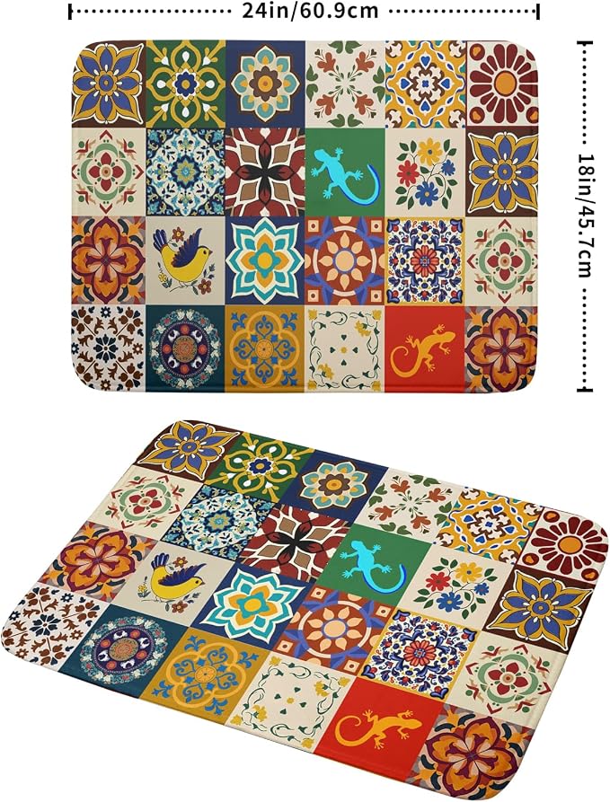 Giwawa Mexican Tile Dish Drying Mat 18"x24" Talavera Boho Floral Print Dish - Image 2