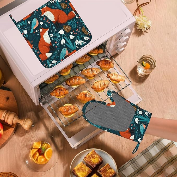 Forest Fox Animal Oven Mitts and Pot Holders Sets Green Floral Silicone Kitchen - Image 5