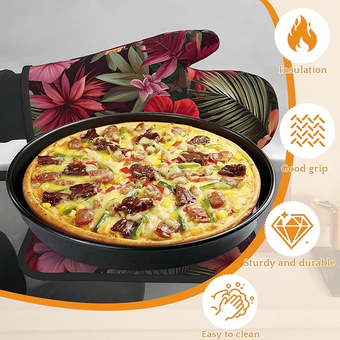 Tropical Palm Leaf Oven Mitts and Pot Holders Set, Hibiscus Kitchen Oven Gloves - Image 4