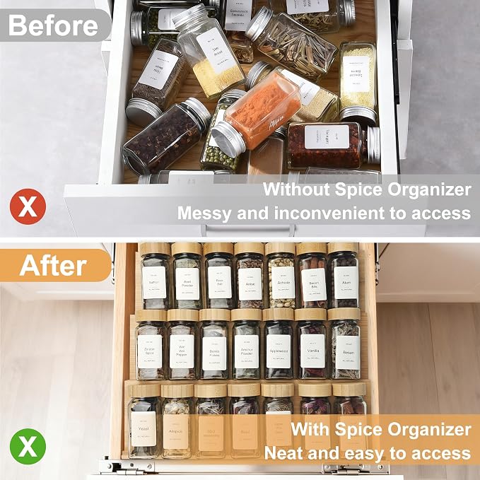 Spice Drawer Organizer with 20 Bamboo-lidded Spice Jars, 216 Labels, 25 - Image 5