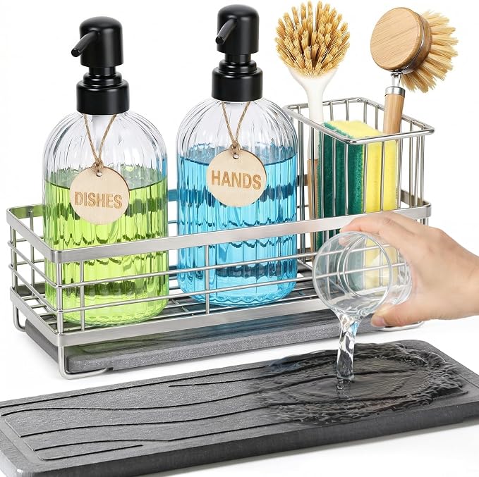 Shinowa Kitchen Dish Soap Dispenser Set, 14OZ Glass Bottle by Shinowa