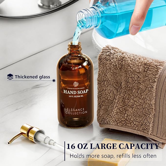 Amber Glass Soap Dispenser Set of 2, 16oz Hand and Dish Soap Dispenser - Image 5