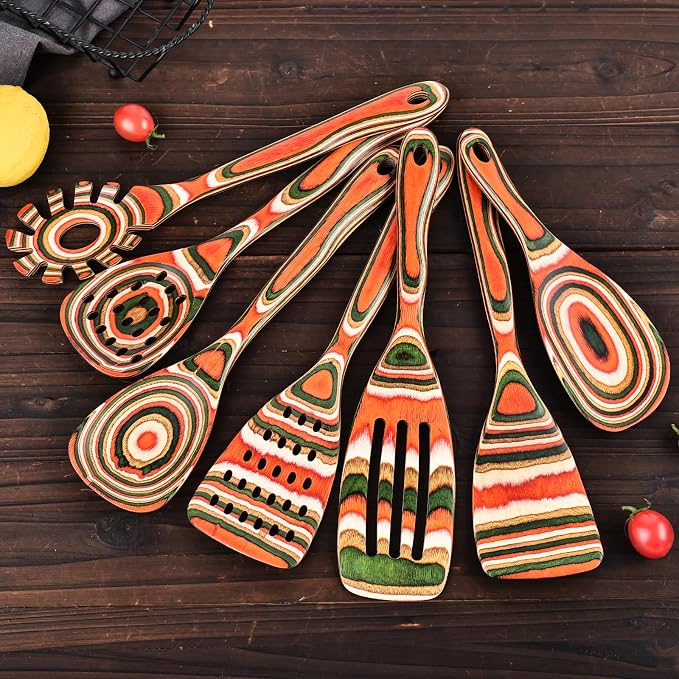 Gudamaye Pakkawood 7-Piece Red Wooden Cooking Utensils, Wooden Spoons - Image 8