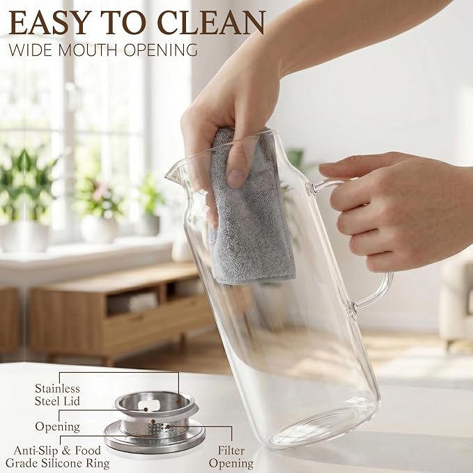 Glass Pitcher with Lid and Handle, 68oz 2 Liter Borosilicate Glass Water Pitcher - Image 4