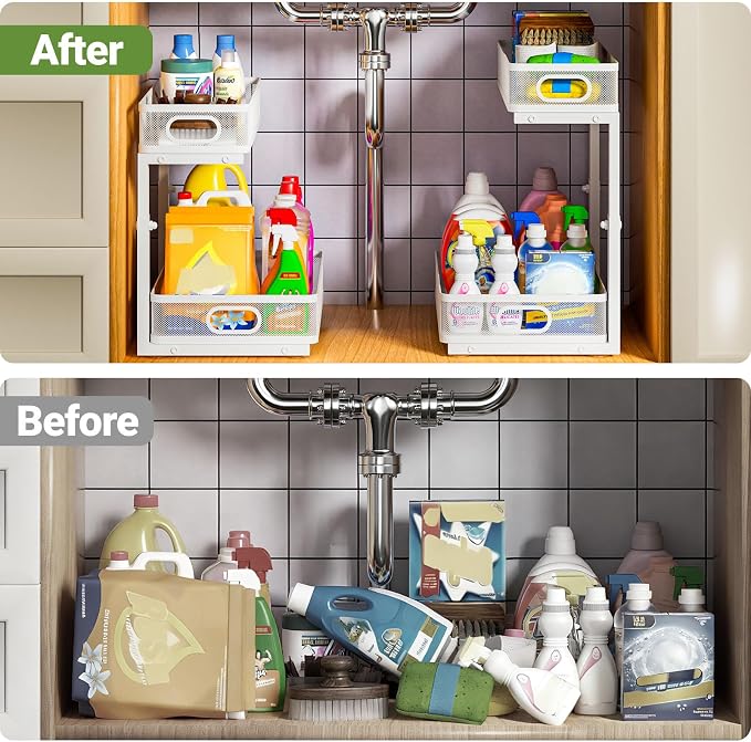 Under Sink Organizer 4-Pack, Metal 2-Tier Pull-Out Cabinet Shelf - Image 9
