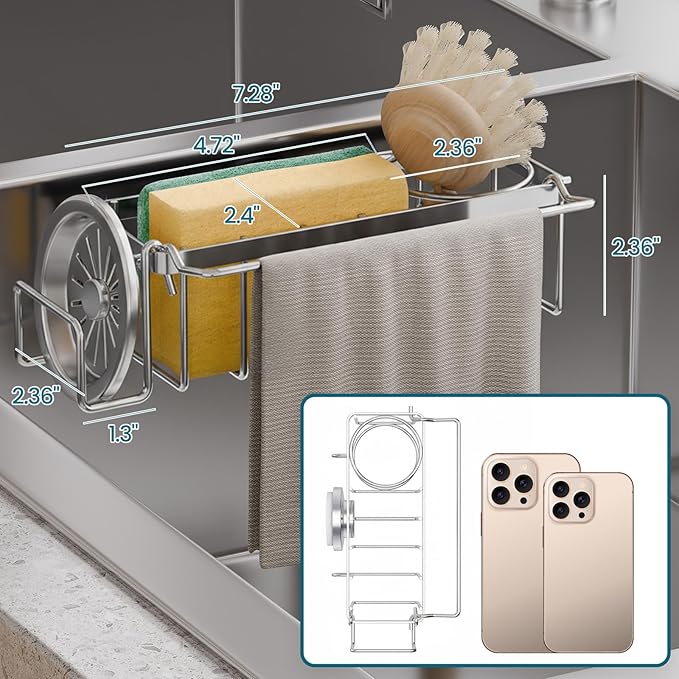 TAILI Sponge Holder with Strong Suction Cup, 4-in-1 Rustproof Sink Organizer - Image 2