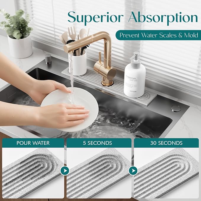 Stone Faucet Mat for Kitchen Sink, Diatomite Stone Drying Mat for Kitchen - Image 5