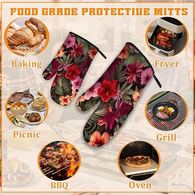 Tropical Palm Leaf Oven Mitts and Pot Holders Set, Hibiscus Kitchen Oven Gloves - Image 5