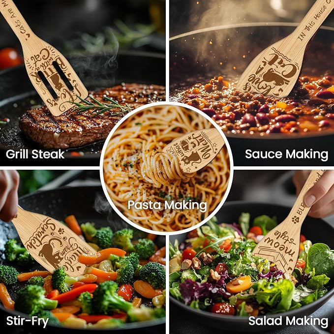 CUTHOLLOW 6PCS Cartoon Cats Wooden Kitchen Cooking Utensil Set, 11.9in Non - Image 4