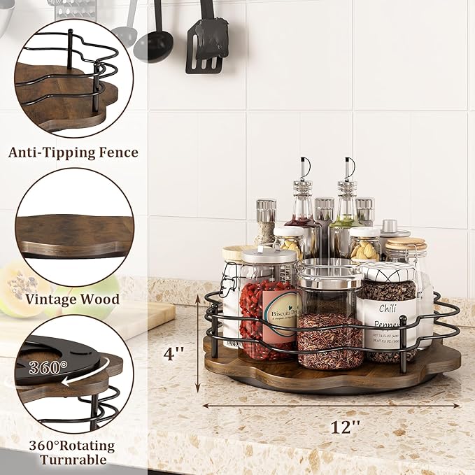 12" Lazy Susan Turntable Organizer, Round Wooden Lazy Susan Organization and - Image 3