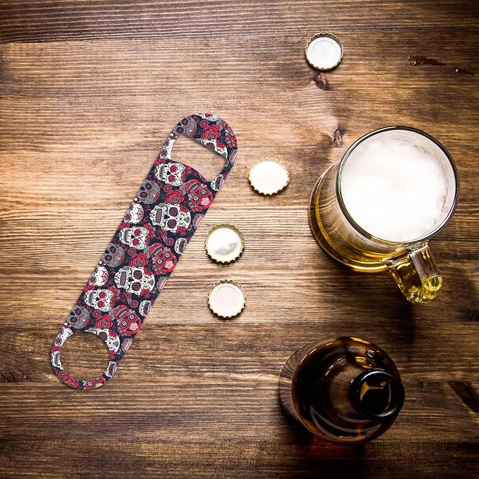 Skull and Flowers Stainless Steel Bottle Opener Day of The Dead Skull Red Peony - Image 6