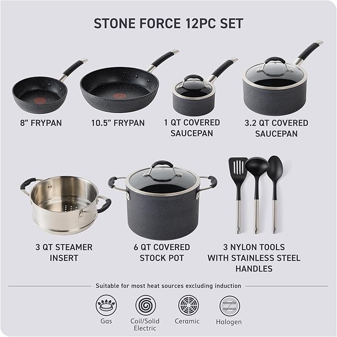 T-fal Stone Force Platinum Non Stick Cookware Set 12 Piece, Oven Broiler Safe - Image 2