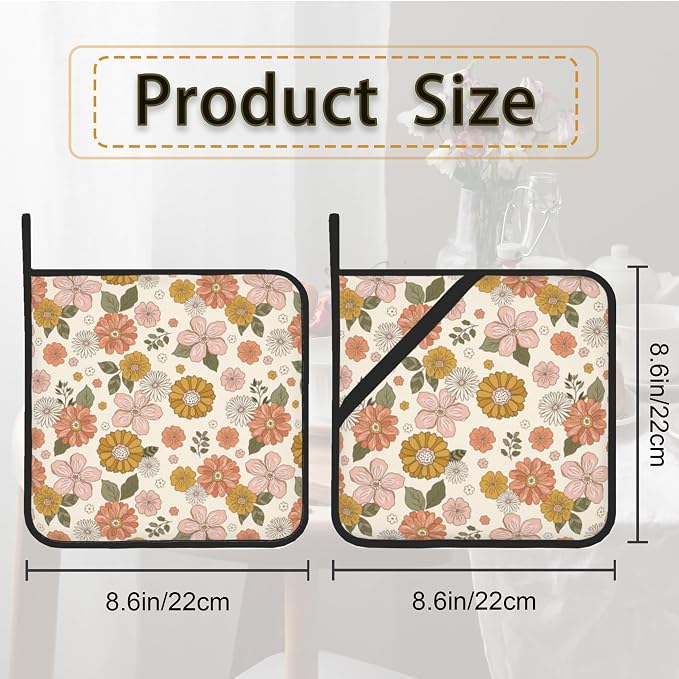 Retro Boho Groovy Flower Pot Holder Set of 2, Heat Resistant Potholders Oven - Image 2