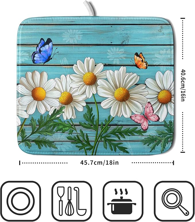 Daisy Dish Drying Mat for Kitchen Counter 16x18in Turquoise Daisy Old Wooden - Image 2