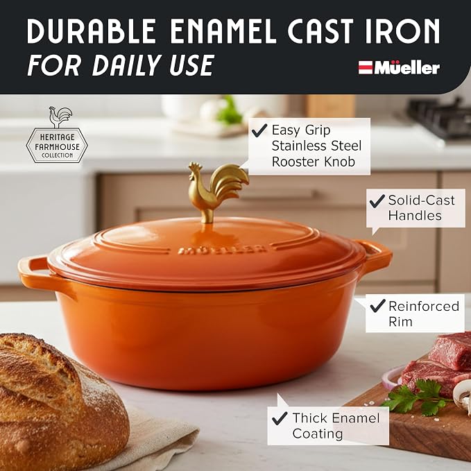 MUELLER HOME 5.5 Quart Enameled Cast Iron Oval Dutch Oven w Rooster Knob & - Image 2