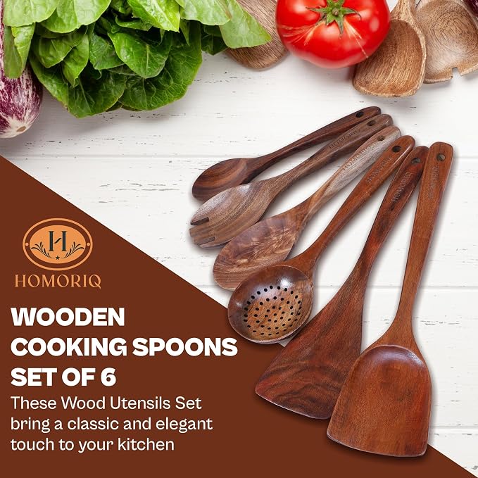 6-Piece Teak Wooden Cooking Utensils Set – Heat-Resistant Spoons & Spatulas | - Image 2