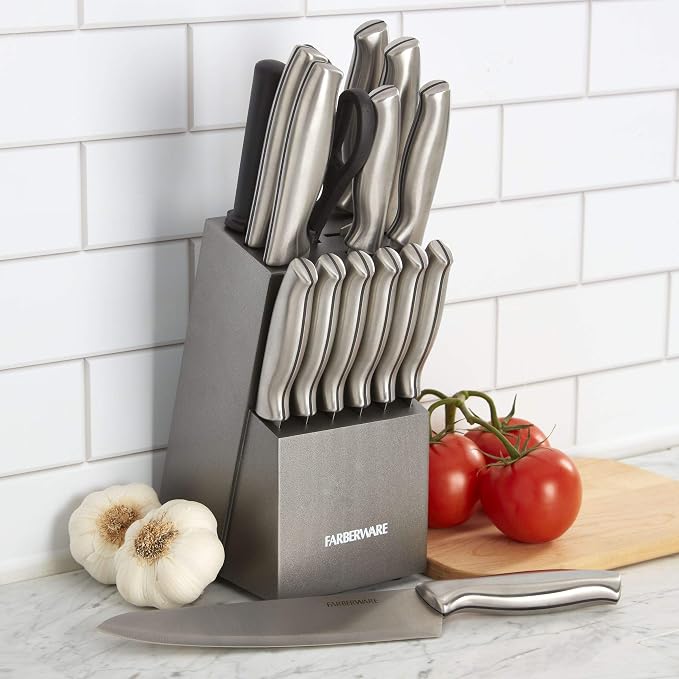 Farberware 15-Piece Stamped Stainless Steel Knife Block Set, High-Carbon - Image 4
