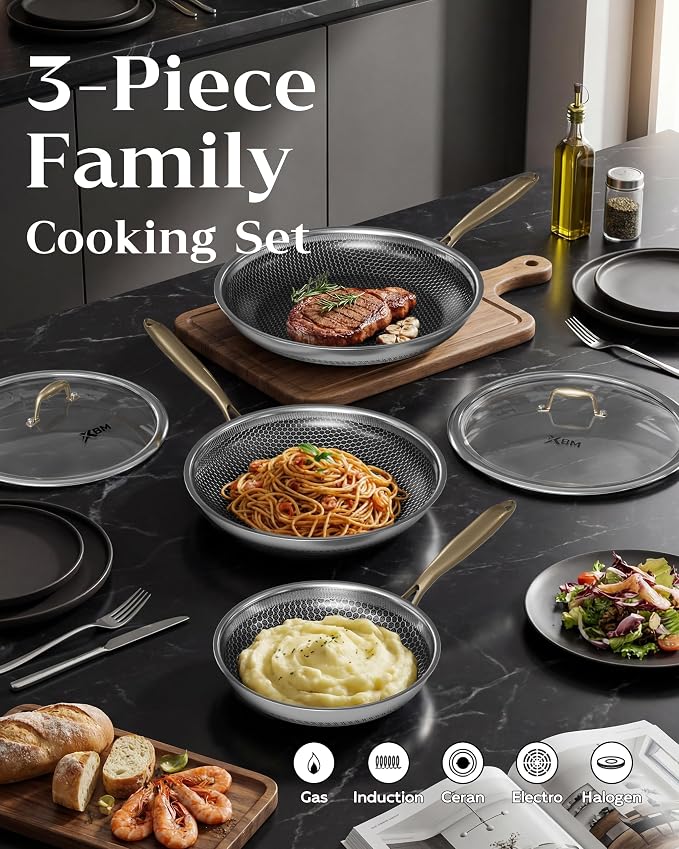 Nonstick Frying Pan Set, 8+10+12 Inch, Honeycomb Stainless Steel Skillet Pans - Image 2