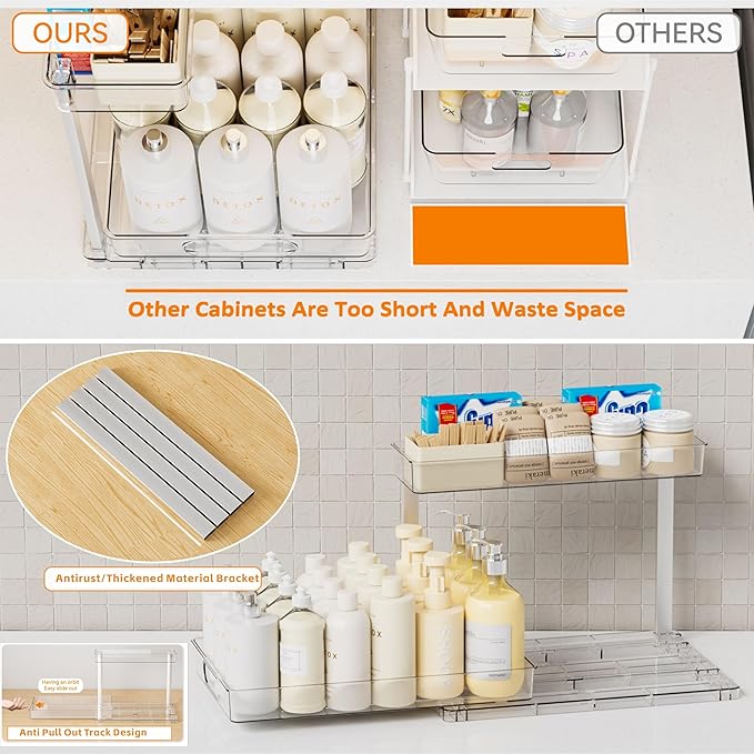 Yieach 2 Pack 14.5″ Deep Pull Out Under Sink Organizer, 10.8″ High 2 Tier Slide - Image 6